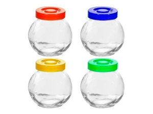 JOGO 4 MINI BALEIRO VIDRO TAMPA COLORIDA 180ML