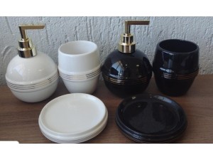 KIT 03 BANHEIRO PORCELANA PRETO/BRANCO REDONDO FRIZADO