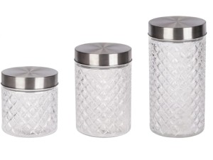 JOGO 3 POTE VIDRO TAMPA INOX