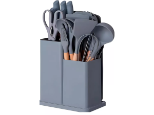 KIT 19 UTENSILIOS SILCONE CABO MADEIRA CINZA