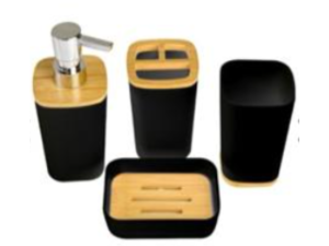 KIT BANHEIRO 4PC PLASTICO PRETO C/BAMBU