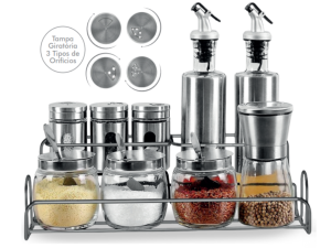 PORTA CONDIMENTO VIDRO/INOX C/9+SUP CROMADO