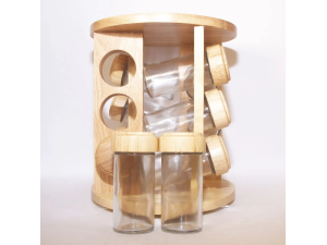 PORTA CONDIMENTO REDONDO DE MADEIRA COM 12 PEÇAS