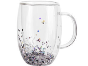 CANECA VIDRO 330ML C/GLITTER PAREDE DUPLA