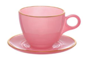 JOGO 04  XICARA+PIRES VIDRO 170ML ROSA BORDA OURO