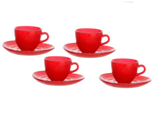 JOGO 4 XICARA+PIRES VIDRO 85ML VERMELHA