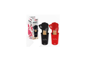 KIT 07 UTENSILIOS SILICONE CABO DE BAMBU PRETO / VERMELHO