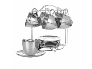 JOGO DE XICARAS COM 6 PEÇAS DE VIDRO 170ML PARA CAFE PRATA COM SUPORTE - SEUL